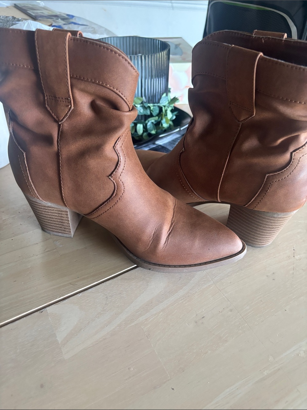 Women's Tan Western Ankle Boots - Stylish Block Heel